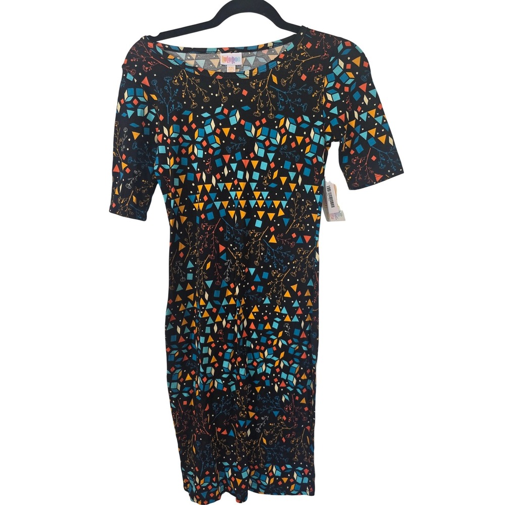 LuLaRoe Julia Dress XXS NWT Black Geometric Floral Print Elbow Sleeve Sheath